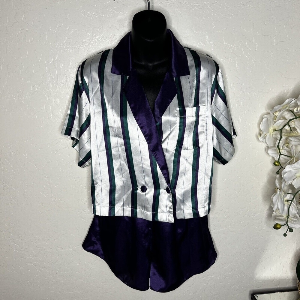 Cacique Lingerie Striped Purple Satin Women's Sz S Pajamas Set
